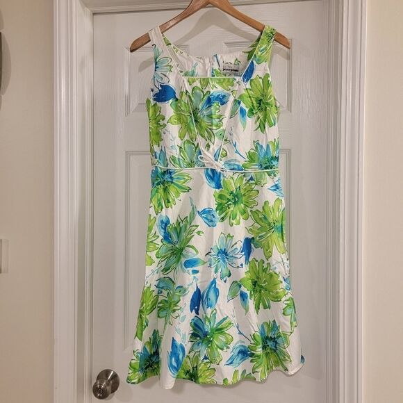PERCEPTIONS Petite Blue Green Floral A-Line Dress Sz 8P - Picture 1 of 4